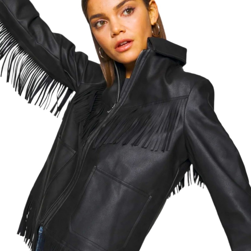 NEW TOPSHOP Black Vegan Leather Fringe Jacket Western Boho  2